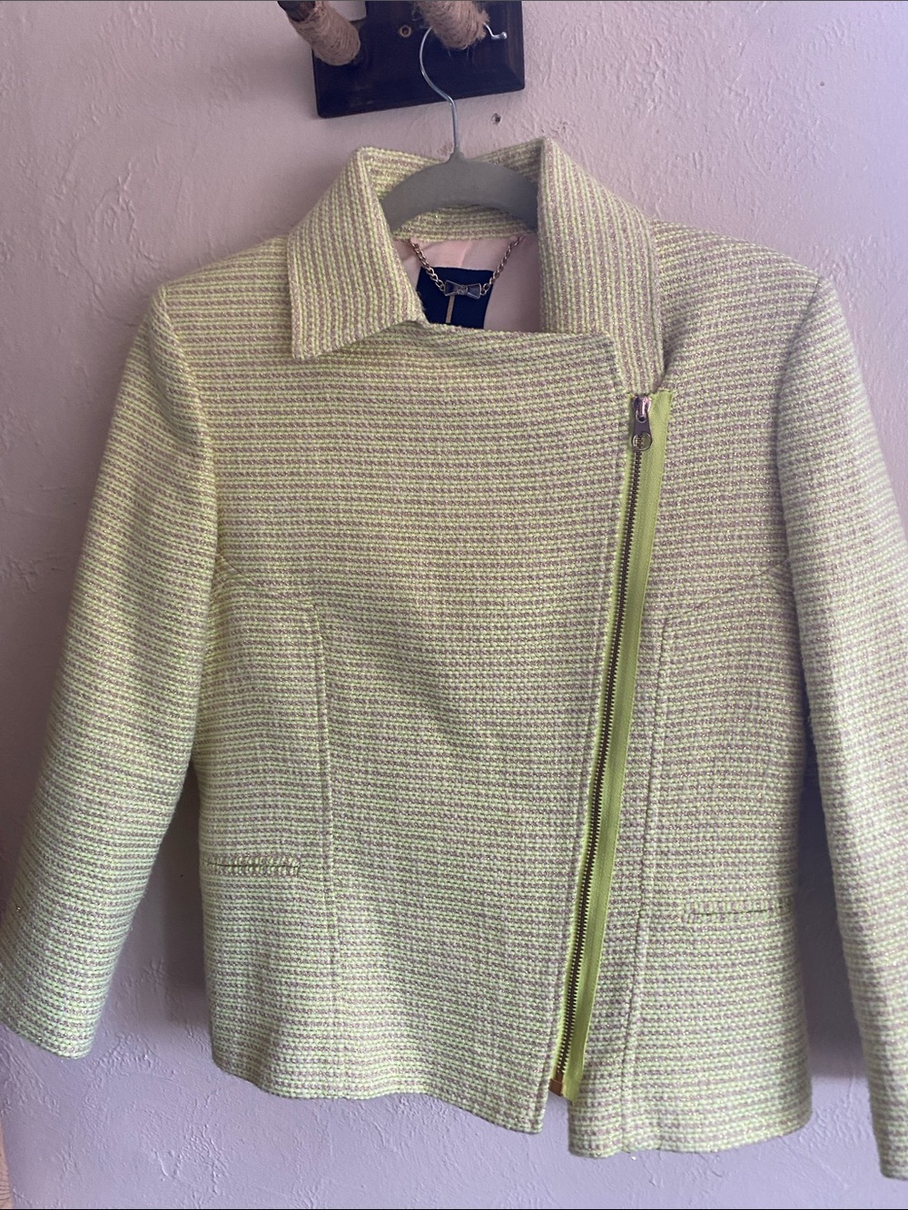Ted Baker London Light Green Textured Asymmetrical Zip Jacket